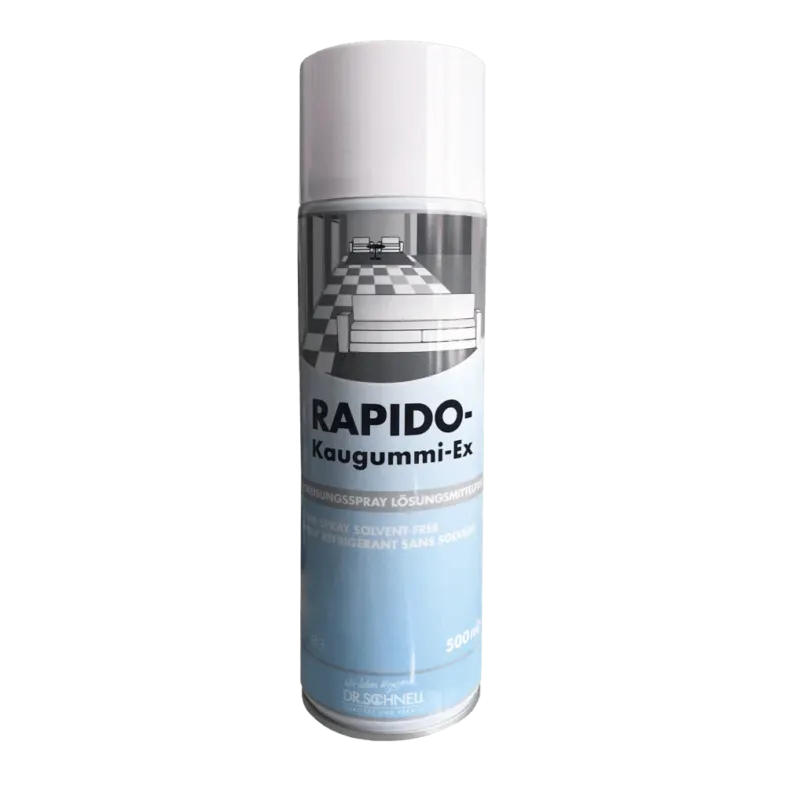 Eine 500 ml Flasche DR.SCHNELL RAPIDO KAUGUMMI-EX, ein lösemittelfreies Vereisungsspray zur Reinigung von Teppichen und Polstermöbeln, hergestellt von DR.SCHNELL GmbH & Co. KGaA.