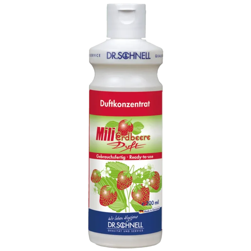 Dr. Schnell MILI Erdbeer Duftkonzentrat (200 ml) von DR.SCHNELL GmbH & Co. KGaA ist ein hochkonzentrierter Duft für die Raumfrische, der eine effektive Geruchsneutralisation mit angenehmem Erdbeerduft in einer handlichen Flasche bietet.