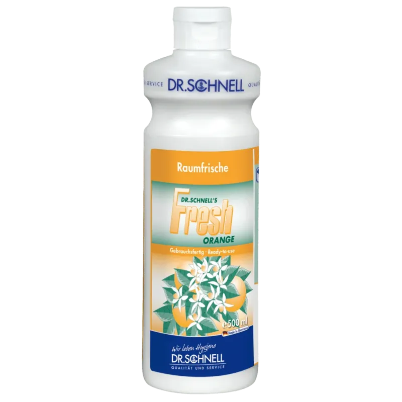 Weiße 500-ml-Kunststoffflasche von Dr. Schnell FRESH ORANGE Raumfrische mit frischem Orangenduft der DR.SCHNELL GmbH & Co. KGaA, mit Abbildungen von Orangenblüten und Orangen auf dem Etikett.