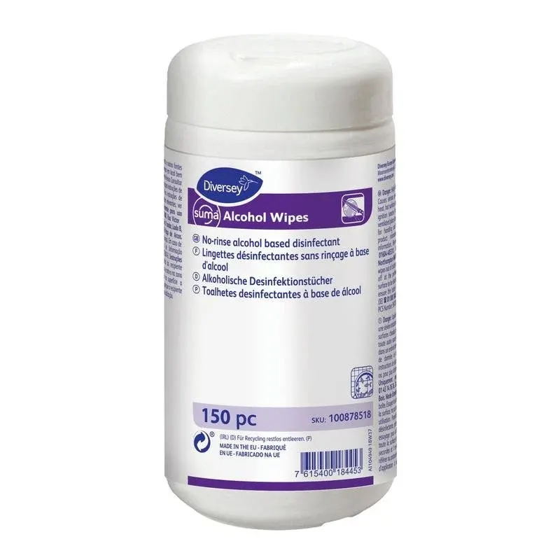 Die weiße Suma Alcohol Wipes Desinfektionstücher-Spenderdose von Diversey Deutschland GmbH & Co. OHG enthält 150 No-Rinse-Tücher mit einer alkoholbasierten Formel für die hygienische Reinigung, wie auf dem mehrsprachigen Etikett angegeben.