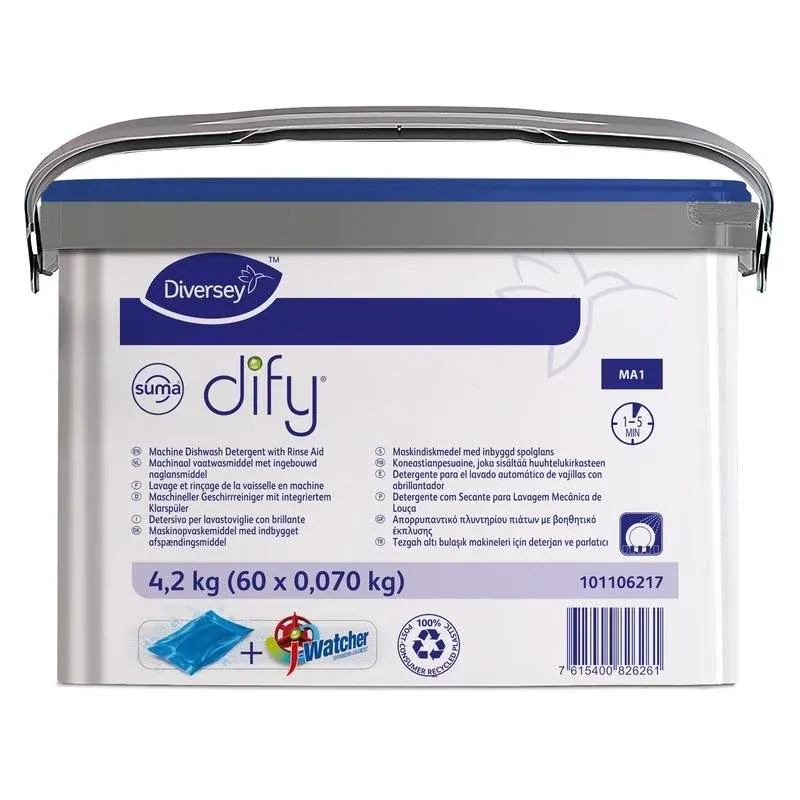 Das umweltfreundliche Suma Dify MA1 mit blauem Deckel von Diversey Deutschland (60 Beutel, 4,2 kg) ist ein All-in-One-Spülmittel für gewerbliche Ein-Tank-Maschinen, ideal für Großküchen. Mehrsprachige Etikettierung; Lieferung im Griffbecher.
