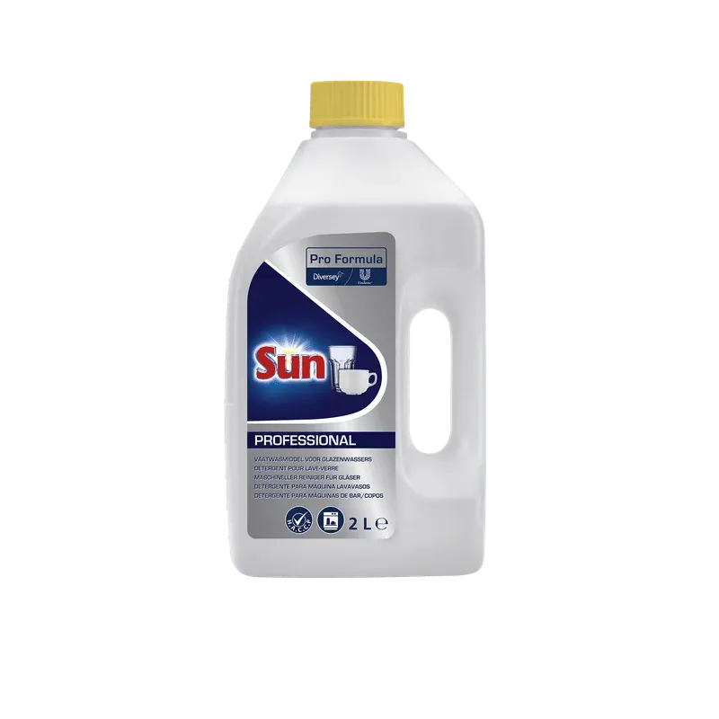 Eine 2-Liter-Kunststoffflasche von SUN Professional maschineller Reiniger für Gläser von Diversey Deutschland GmbH & Co. OHG-ideal für Gläser- und Thekenspülmaschinen, sorgt für strahlend saubere Gläser.