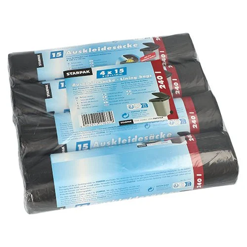 Eine Packung mit 60 schwarzen Starpak Mülltonnen-Auskleidesäcken (135 x 120 cm, 240 l) ist in vier Bündeln zu je 15 Stück gerollt und in umweltfreundlicher Schrumpffolie eingewickelt. Blau-weißes Etikett mit Produktdetails.