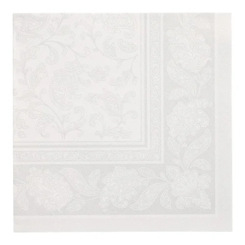 PAPSTAR 50 Servietten "ROYAL Collection" 1/4-Falz, 40 x 40 cm, weiße Papierservietten der PAPSTAR GmbH mit geprägtem Blumen- und Paisleymuster am Rand und in der Mitte für eine zarte, strukturierte Optik.