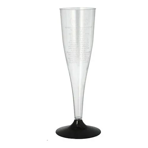 Ein klares Starpak Sekt-Stielglas (0,1 l, Ø 5 cm, 17,5 cm) aus Polystyrol mit schwarzem Boden steht aufrecht auf weißem Untergrund. Die Packung enthält sechs elegante Gläser mit dezentem vertikalen Text am Rand.