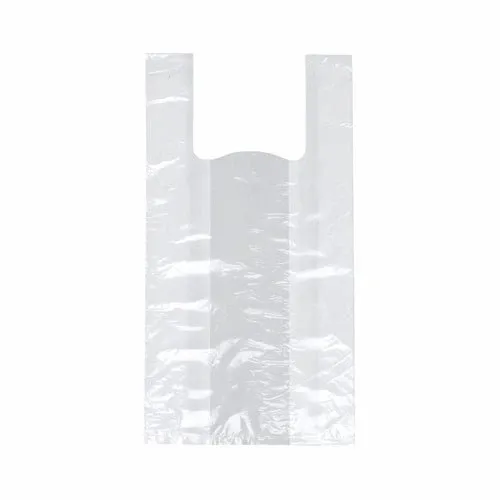Eine transparente Starpak 250 Hemdchen-Tragetasche (HDPE, 48x22x12 cm) Knotenbeutel mit Griffen liegt flach auf einem schlichten weißen Hintergrund.