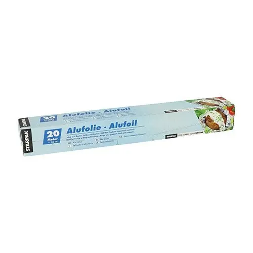 Die Starpak Alufolie in Faltschachtel kommt in einer 20-Meter-Rolle mit blau-weißer Verpackung – ideal für vielseitige Anwendungen in Ihrer Küche.