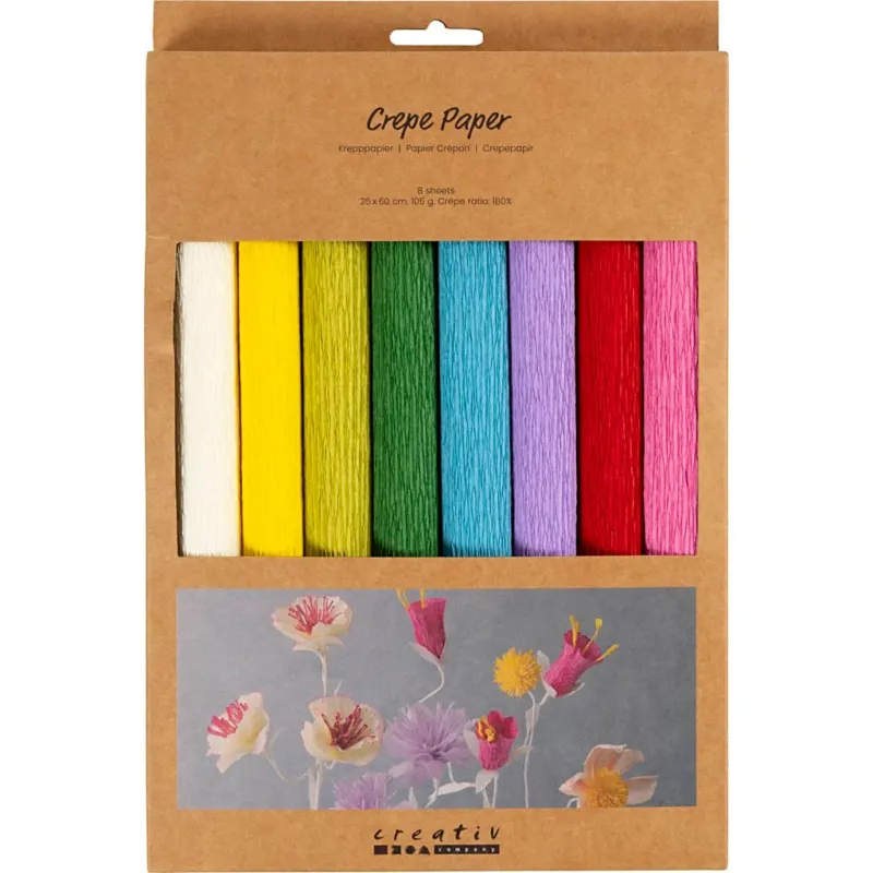 Crepe Paper, sheet 25x60 cm, Crêpe ratio: 180%, 105 g, standard colours, 8 sheet