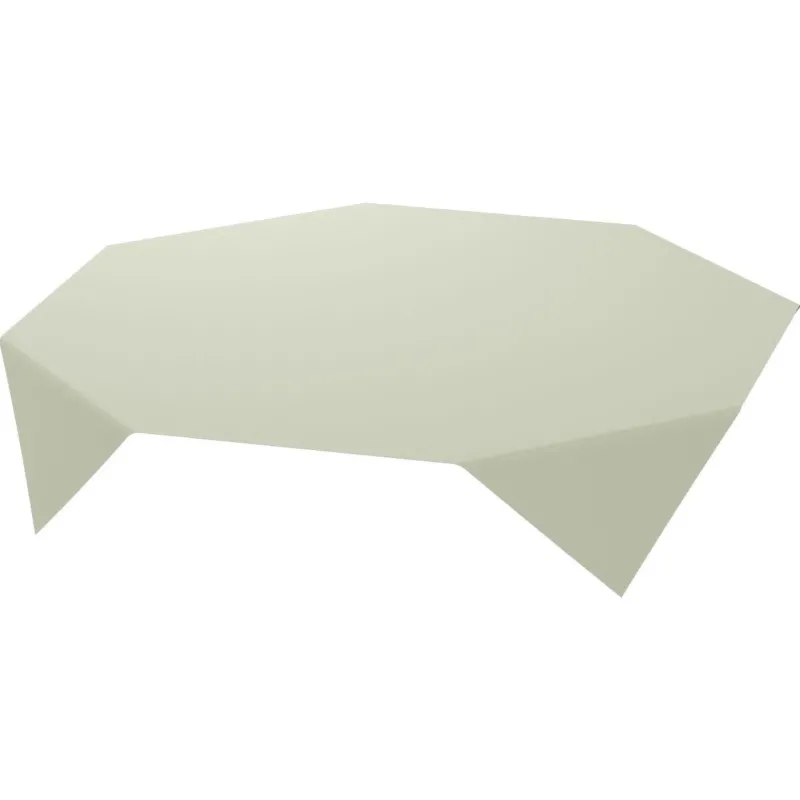 Ein heller, unregelmäßig geformter, geometrischer Tisch mit schrägen Kanten und flachen Flächen steht vor einem weißen Hintergrund, ergänzt durch eine Duni GmbH Bio-Dunicel-Mitteldecke 84x84 cm in Pistaziengrün (Packung 20 Stück).
