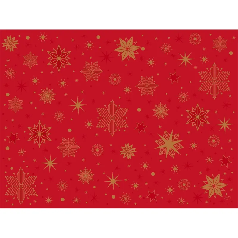 Die Duni GmbH Papier-Tischsets 30x40 cm in Stargazing rot zieren goldene Schneeflocken und Sterne für ein festliches Ambiente - ideal für Feiern, erhältlich im 250er-Pack.