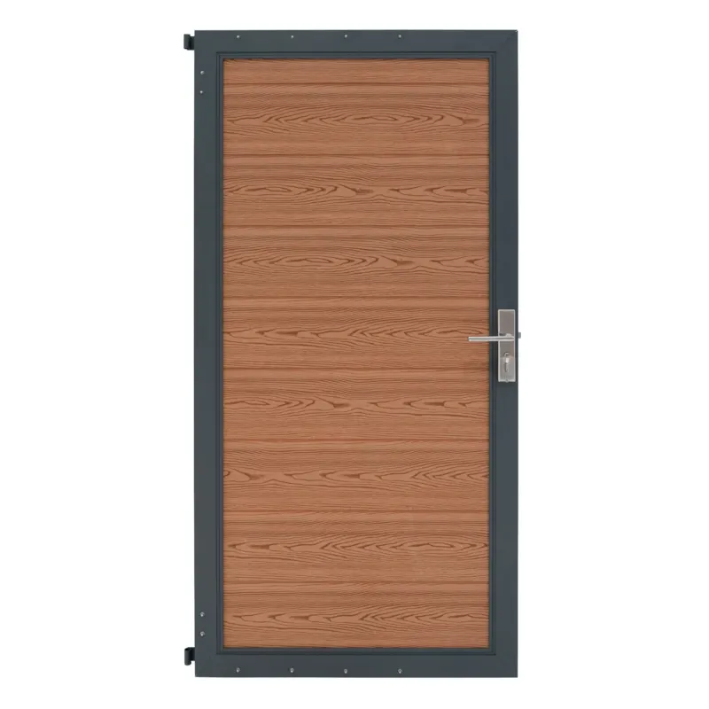 Braunes WPC Sichtschutzzaun Tor mit holzähnlicher Struktur, stabiler Metallrahmen und modernem Design, ideal für Garten und Terrasse