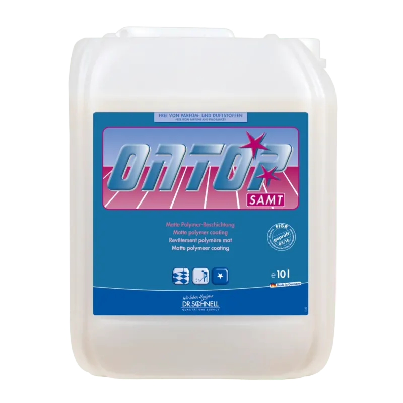 Ein 10-Liter-Kanister Dr. Schnell ONTOP SAMT Matt-Beschichtung für Gebäudereinigung, Böden, hochfrequentiert von DR.SCHNELL GmbH & Co. KGaA, mit blauer und rosa Beschriftung und Produktangaben auf hellem Grund.