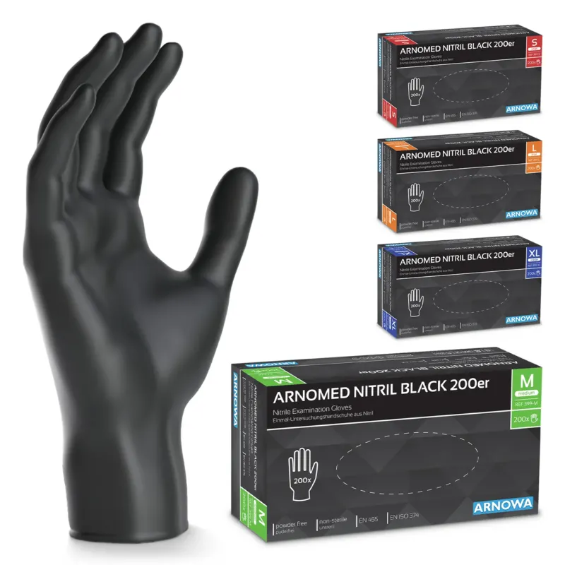 Ein schwarzer ARNOMED NITRIL BLACK 200er Nitrilhandschuh der ARNOWA GmbH steht aufrecht neben vier verpackten 200er Sparpacks in rot (S), orange (L), blau (XL) und grün (M) - latexfrei und puderfrei.