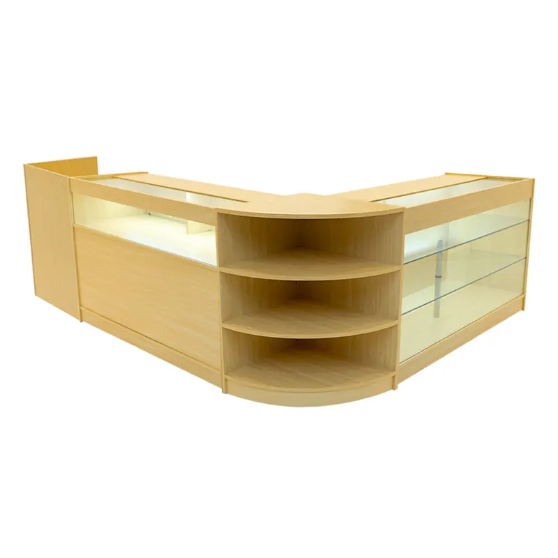 Elegantes Hyperion LED Verkaufstheken-Set in Ahorn, mit klaren Glasflächen, abgerundeten Regalen und modernem, funktionalem Design für Verkaufsräume