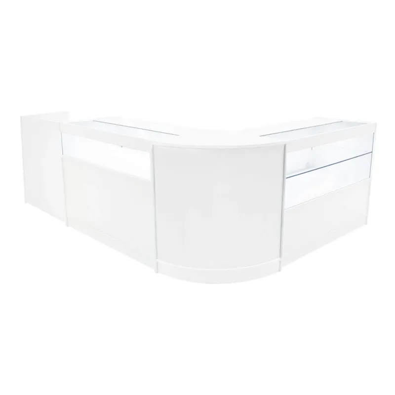 Elegantes, weißes Verkaufstheken-Set mit klaren Glasflächen, modernem Design und abgerundeten Kanten, ideal für Einzelhandelsumgebungen