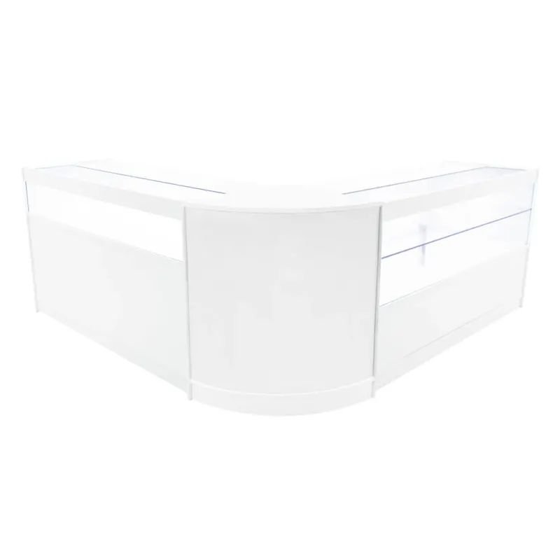 Elegantes Adonis LED Ladentheke Set in Weiß, mit klaren Glasflächen und abgerundeten Kanten, ideal für moderne Verkaufsräume und Ausstellungen