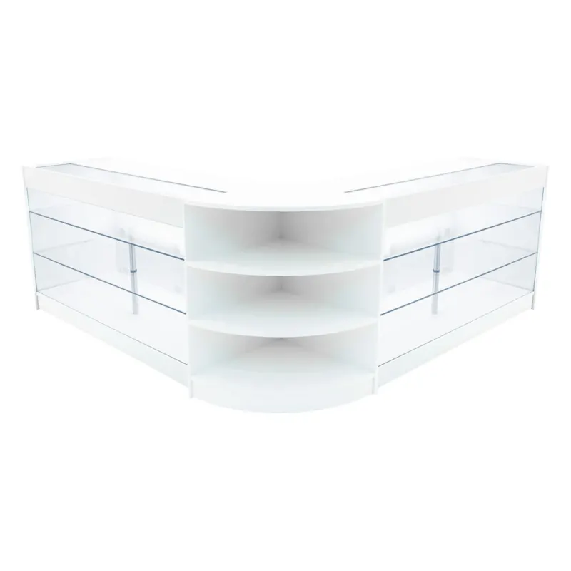 Elegantes Verkaufstheken-Set in Weiß mit klaren Glasflächen, abgerundeten Kanten und offenen Regalen für optimale Präsentation von Produkten