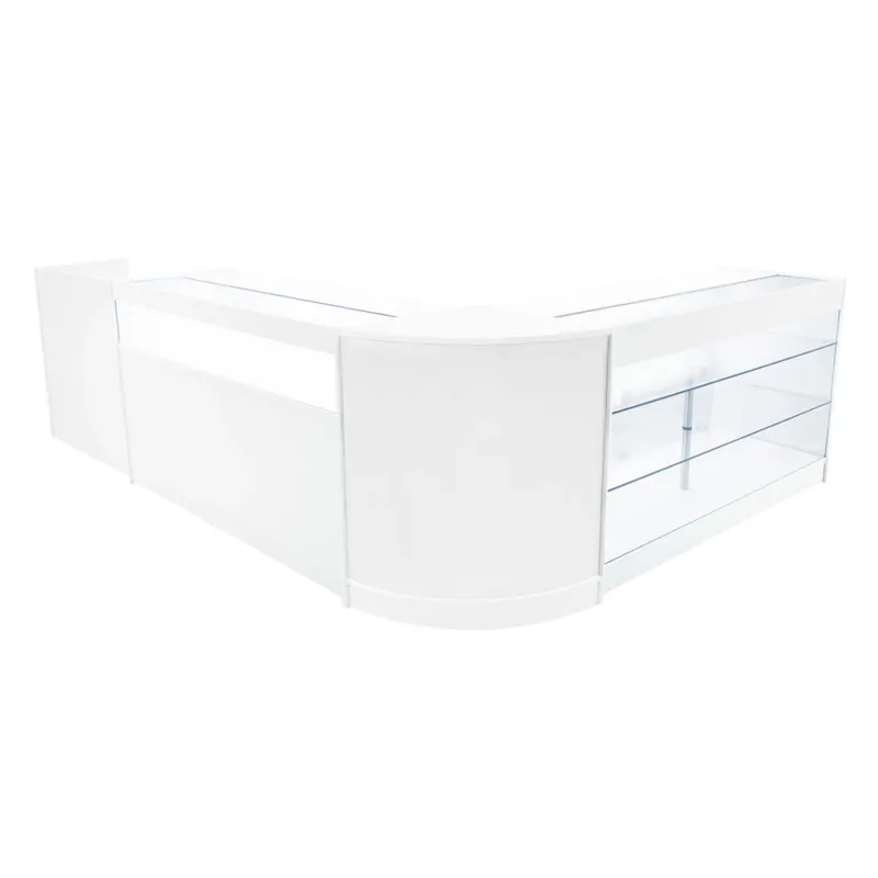 Elegantes Verkaufstheken-Set in Weiß mit klaren Glasflächen, abgerundeten Kanten und modernem Design, ideal für Einzelhandelsumgebungen