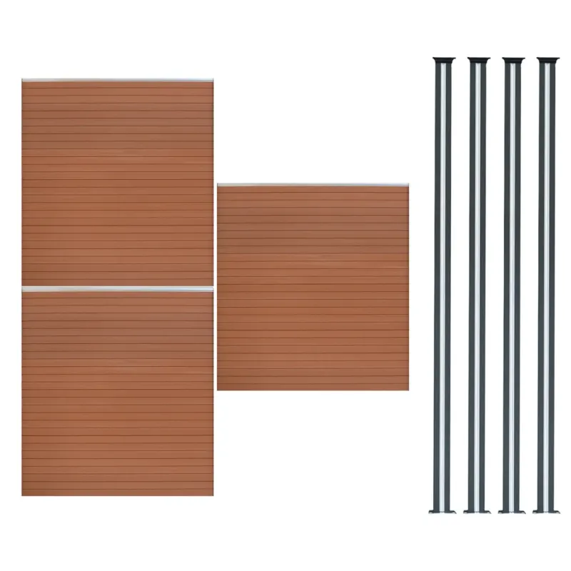 Brauner WPC Sichtschutzzaun mit drei Paneelen und vier LED Zaunpfosten in schlankem, modernem Design, ideal für Garten- und Terrassengestaltung