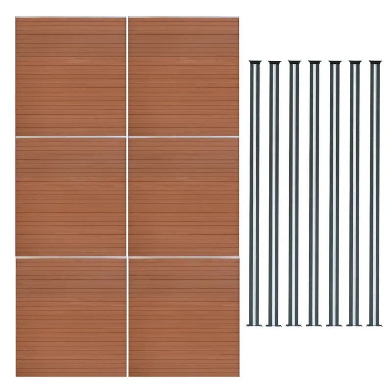 Brauner WPC Sichtschutzzaun mit sechs Paneelen und sieben LED Zaunpfosten, modernes Design, glatte Oberfläche und langlebige Materialien