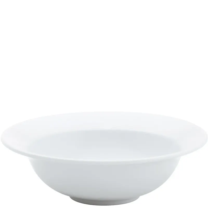 Eine weiße, flache Schüssel auf einem neutralen Hintergrund. Die Schüssel hat eine runde Form mit einem breiten Rand und einer glatten Oberfläche. Sie ist einfach und elegant gestaltet, ohne Verzierungen. Ideal geeignet für Servieren von Suppen, Salaten oder anderen Gerichten.