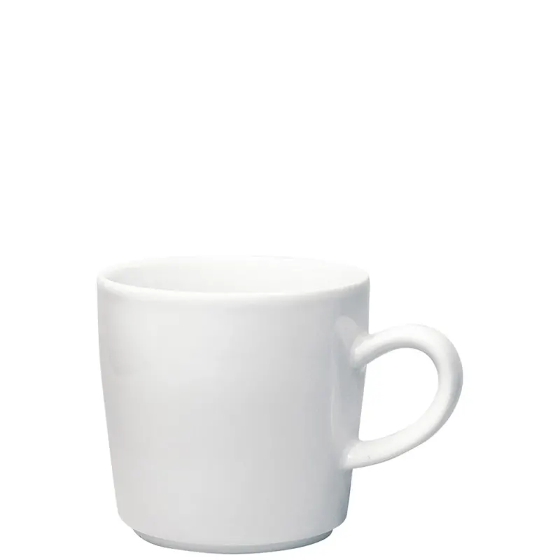 Weißer Kaffeebecher ohne Henkel, stehend auf einer glatten, hellen Oberfläche. Der Becher hat eine klare, einfache Form mit einem schmalen Rand und einer zylindrischen Struktur. Die Innenseite ist ebenso weiß, was für ein harmonisches Gesamtbild sorgt. Ideal für Kaffee oder Tee.