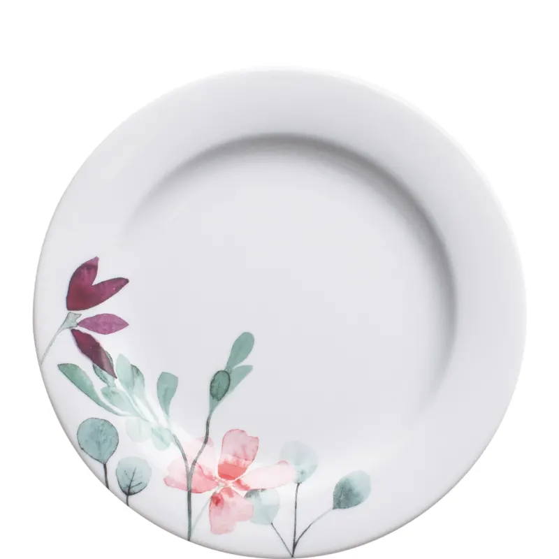 Ein runder, flacher Teller aus weißem Porzellan, verziert mit zarten, handgemalten Aquarellblumen und Blättern in sanften Farben wie Rosa, Grün und Lila. Die floralen Motive sind am Rand des Tellers angeordnet und verleihen ihm eine elegante, frische Note. Der Hintergrund bleibt unifarben, was die Farbakzente der Dekoration betont. Ideal für festliche Anlässe oder als dekoratives Element in der Küche.