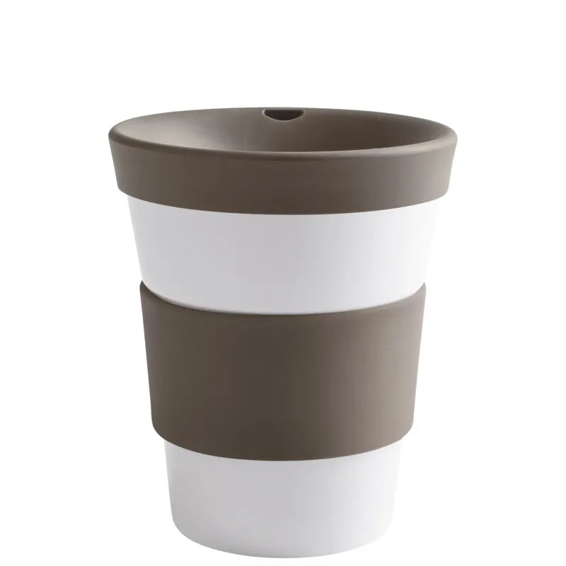 Ein moderner Blumentopf mit einem geschichtetem Design. Der Topf hat drei farblich unterschiedliche Abschnitte: eine graue obere, eine untere weiße und eine mittlere, die braun ist und als dekorativer Streifen dient. Der Topf ist aus Kunststoff und hat oben ein rundes Loch. Er eignet sich ideal für Pflanzen und ist sowohl funktional als auch ästhetisch ansprechend.
