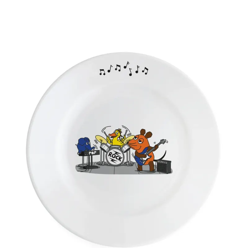 Auf einem weißen Teller sind cartoonartige Tiere in einer Band abgebildet. Ein gelbes Küken sitzt am Schlagzeug mit einem Aufdruck „ROCK“, während ein blauer Vogel und ein braunes Hundebandmitglied mit einer Gitarre zu sehen sind. Über ihnen schweben kleine musikalische Noten, die eine fröhliche Stimmung vermitteln.
