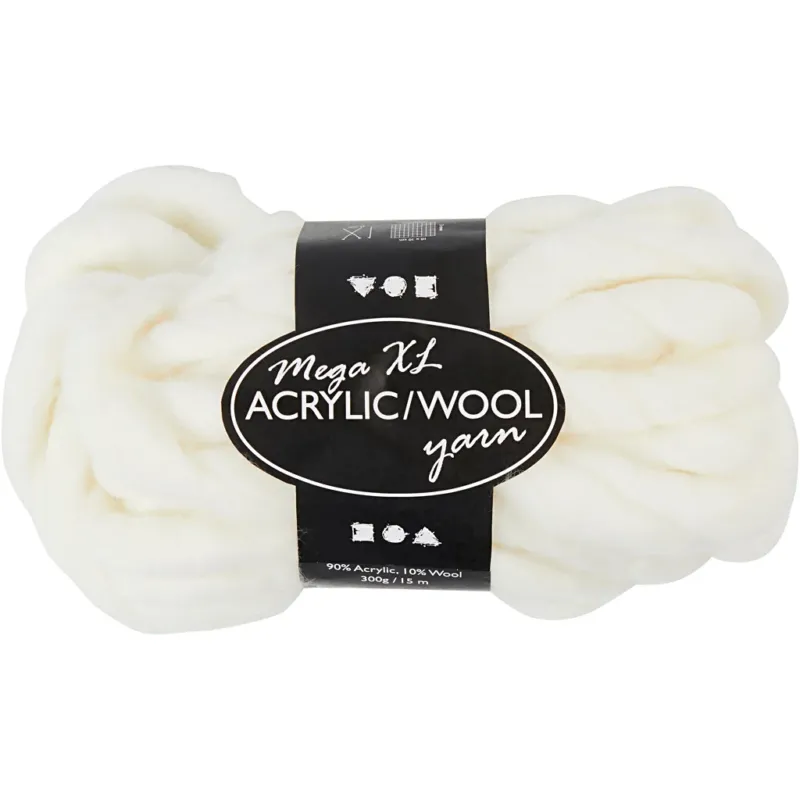 Chunky Yarn of Acrylic/Wool, L: 15 M, size mega, off-white, 300 g/ 1 ball