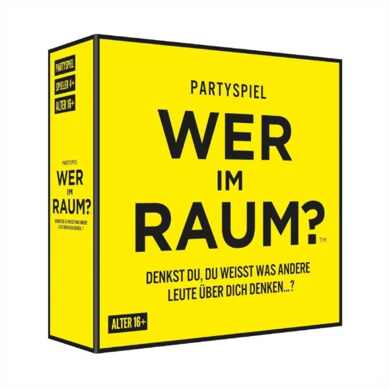 Eine Partybox im mit dem Frontprint ''WER IM RAUM?'' mit dem spruch ''Denkst du, du weisst was andere leute über dich denken?''