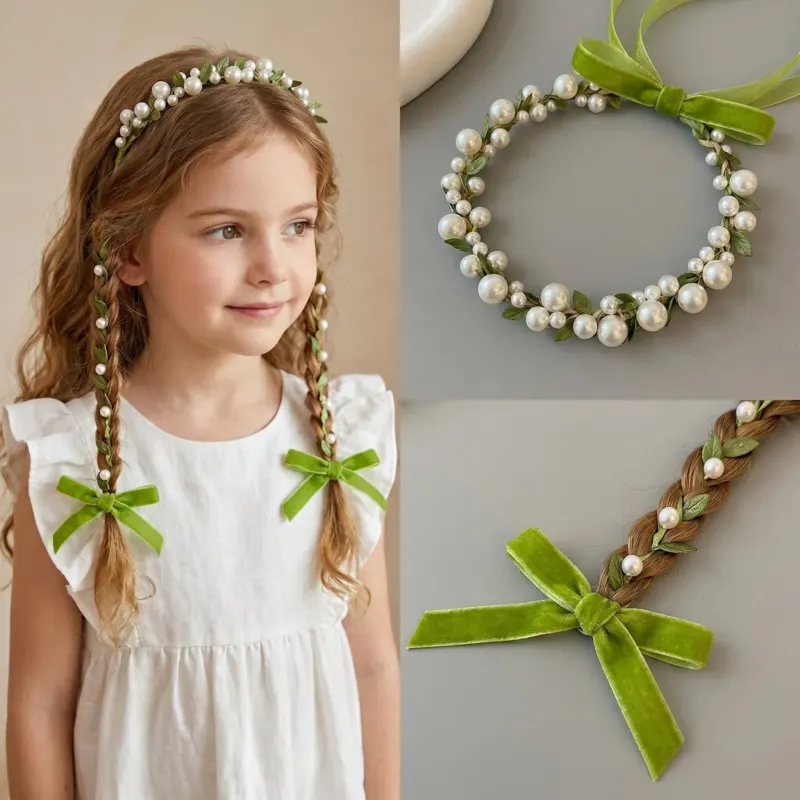 Forest Fairy Green Vine Pearl Kids Braided Headband - Image 0