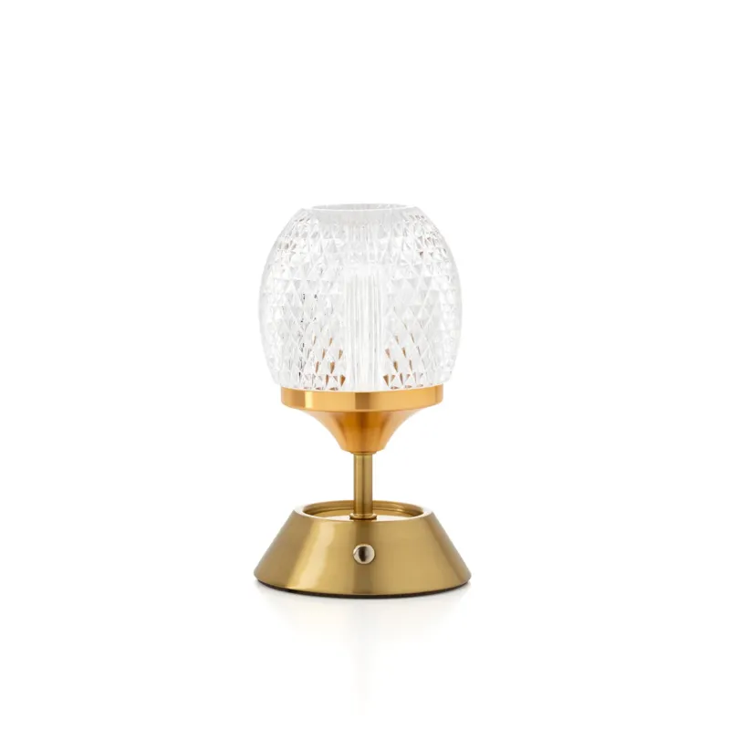 Decorative table lamp with gold base and textured glass shade on a white background
