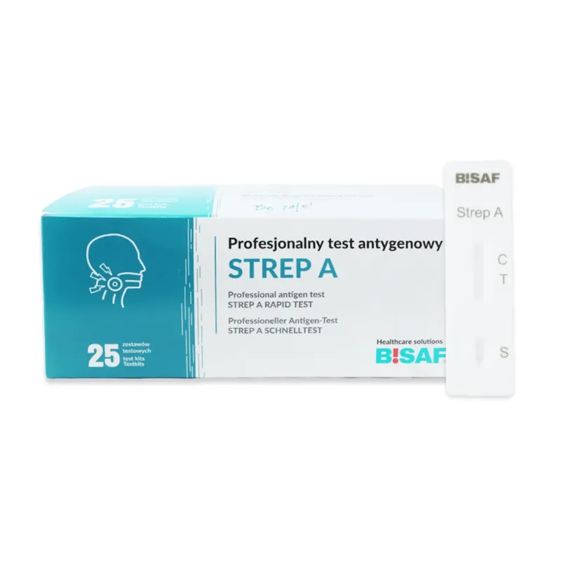 Eine Schachtel Strep A - Bisaf Professional 25 Tests von Altruan wird neben einem weißen Schnelltestgerät mit der Aufschrift Strep A Schnelltest mit den Bereichen "C" und "T" gezeigt. Die Packung enthält 25 Tests für Gruppe A Streptokokken Rachenabstrich.