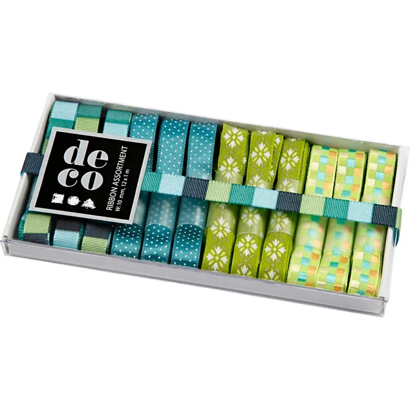 Decorative Ribbon, W: 10 mm, blue/green harmony, 12x1 m