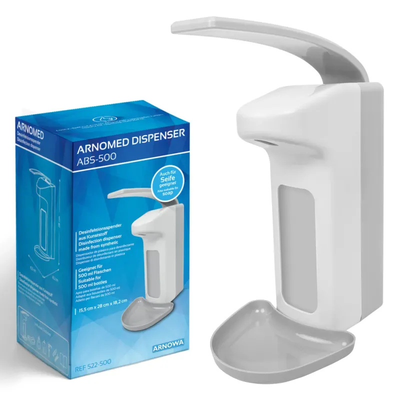 Der weiße und graue ARNOMED DISPENSER ABS von ARNOWA GmbH aus ABS-Kunststoff mit langem Hebel steht neben seiner blauen Verpackung, die Produktinfos und ein Bild des Seifen- und Desinfektionsmittelspenders zeigt.