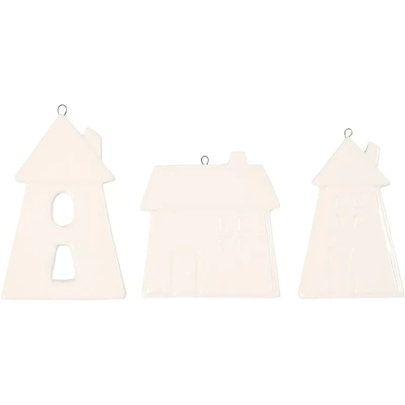 Hanging Ornaments, houses, H: 7,6-9,7 cm, white, 18 pc