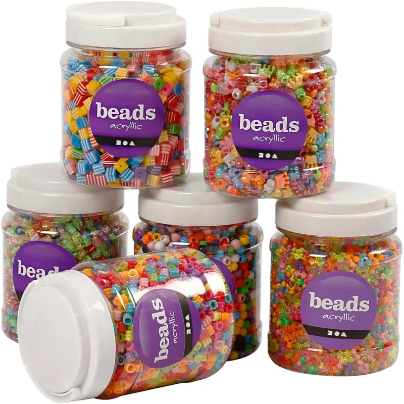 Bead Mix, size 7-10 mm, hole size 2-4 mm, ca. 2400 g, assorted colours, 6x700 ml