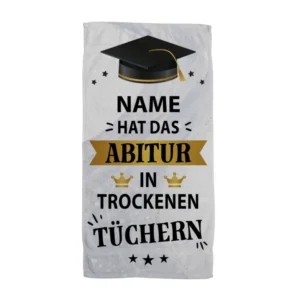 Bild: Personalisiertes Handtuch & Strandtuch - Name hat das Abitur in trockenen Tüchern - ABI Geschenk.