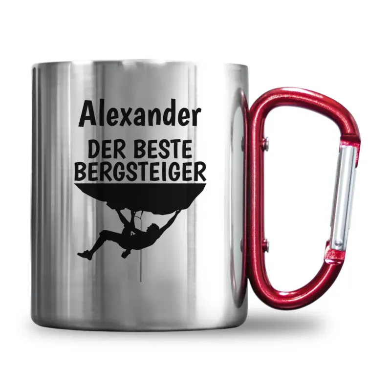 Bild: Personalisierte Edelstahl-Tasse mit Karabiner - "Name" Der Beste Bergsteiger - Geschenk für Kletterer, Klettern.