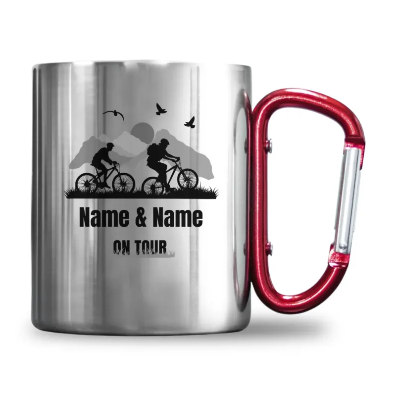 Bild: Personalisierte Edelstahl-Tasse mit Karabiner - Fahrad, Biken "Name" on Tour - Geschenk für Biker, Fahrradfahrer.