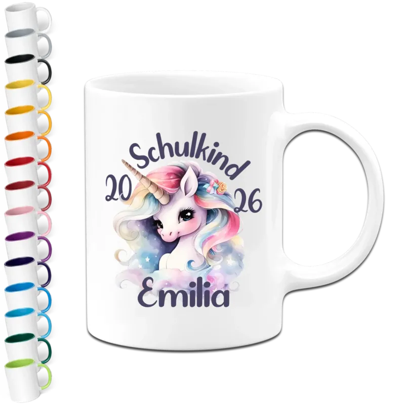 Personalisierte Tasse - Schulkind Name & Datum - Einhorn Sterne - Geschenk zur Einschulung Mädchen