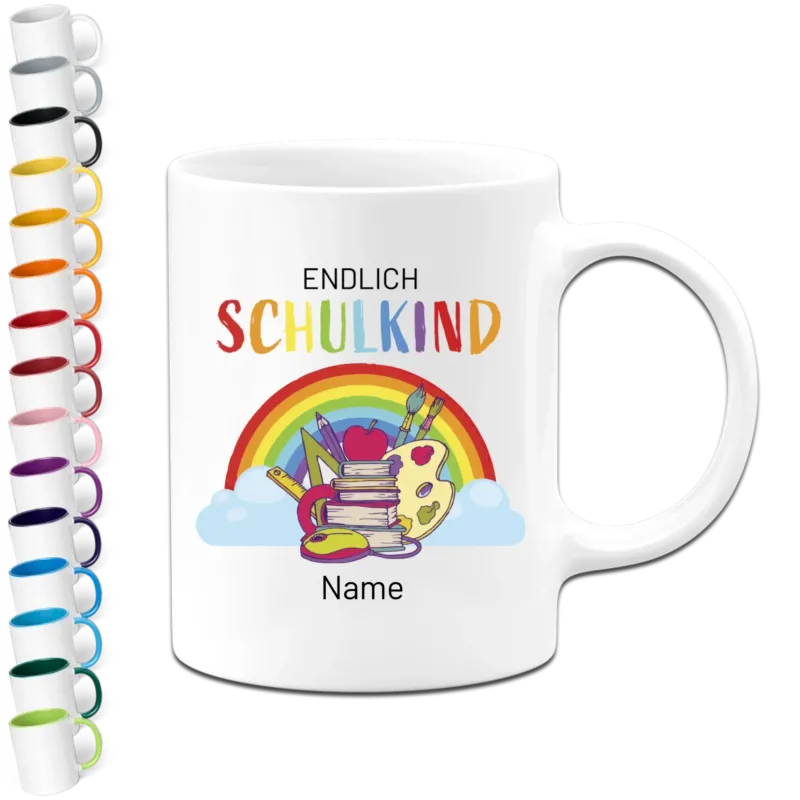 Personalisierte Tasse - Endlich Schulkind mit Namen (Regenbogen-Buntstifte) - Geschenk zur Einschulung