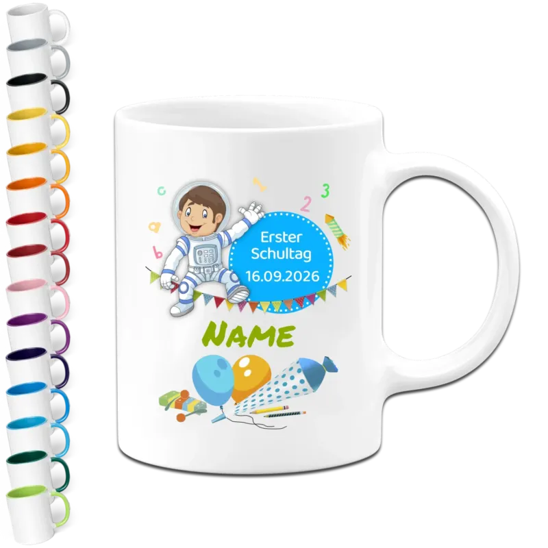 Personalisierte Tasse - Erster Schultag mit Datum & Name - Design Astronaut - Geschenk zur Einschulung