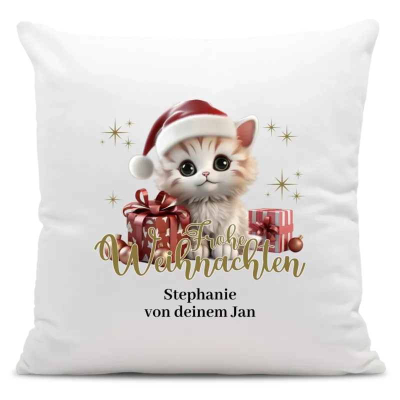 Bild: Personalisiertes Weihnachts-Kissen - Frohe Weihnachten mit Baby-Katze und Wunschtext, Weihnachtsgrüße, Weihnachtsgeschenk.