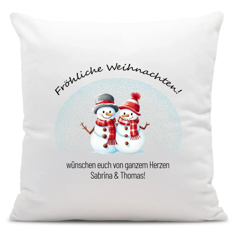 Bild: Personalisiertes Weihnachts-Kissen - Fröhliche Weihnachten - Schneemänner-Pärchen mit Wunschtext.