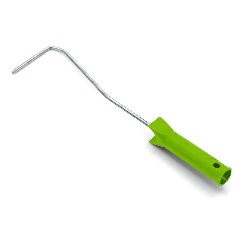 Der Nölle Profi Brush Kleinroller-Bügel 10 cm, System 6 mm (40 cm Länge) ist ein grüner Kunststoff-Farbroller-Rahmen mit Metallstab und Griffloch, abgebildet ohne Rollendeckel. Marke: Nölle Profi Brush Bürsten- & Pinseltechnik e.K.