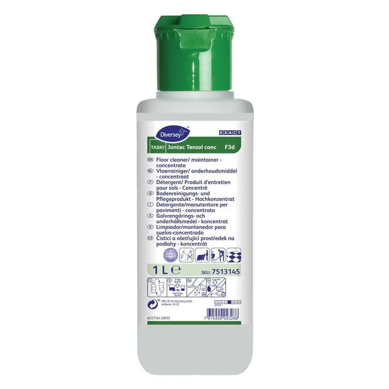 Eine 1-Liter-Weißflasche TASKI Jontec Tensol Hochkonzentrat-Reiniger von Diversey Deutschland GmbH & Co. OHG, ein konzentrierter Bodenreiniger mit grünem Deckel und mehrsprachiger Anleitung auf dem Vorderetikett.