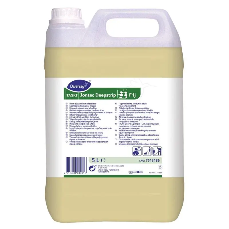Ein 5-Liter-Kanister Diversey TASKI Jontec Deepstrip, ein leistungsstarker lösemittelhaltiger Reiniger für Linoleumböden, von Diversey Deutschland GmbH & Co. OHG, mit Griff und Schraubverschluss, weiß-grünes Etikett in verschiedenen Sprachen.