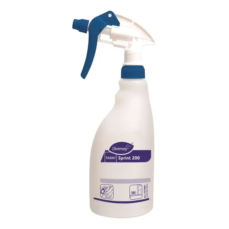 Die Diversey Deutschland Triggersprayflasche Sprint 200 (0,5L) verfügt über einen blauen Sprüher, eine Gebrauchsanleitung und ein Markenlogo. Einfach zu handhaben und nachzufüllen als Nachfüllflasche für den bequemen Gebrauch.